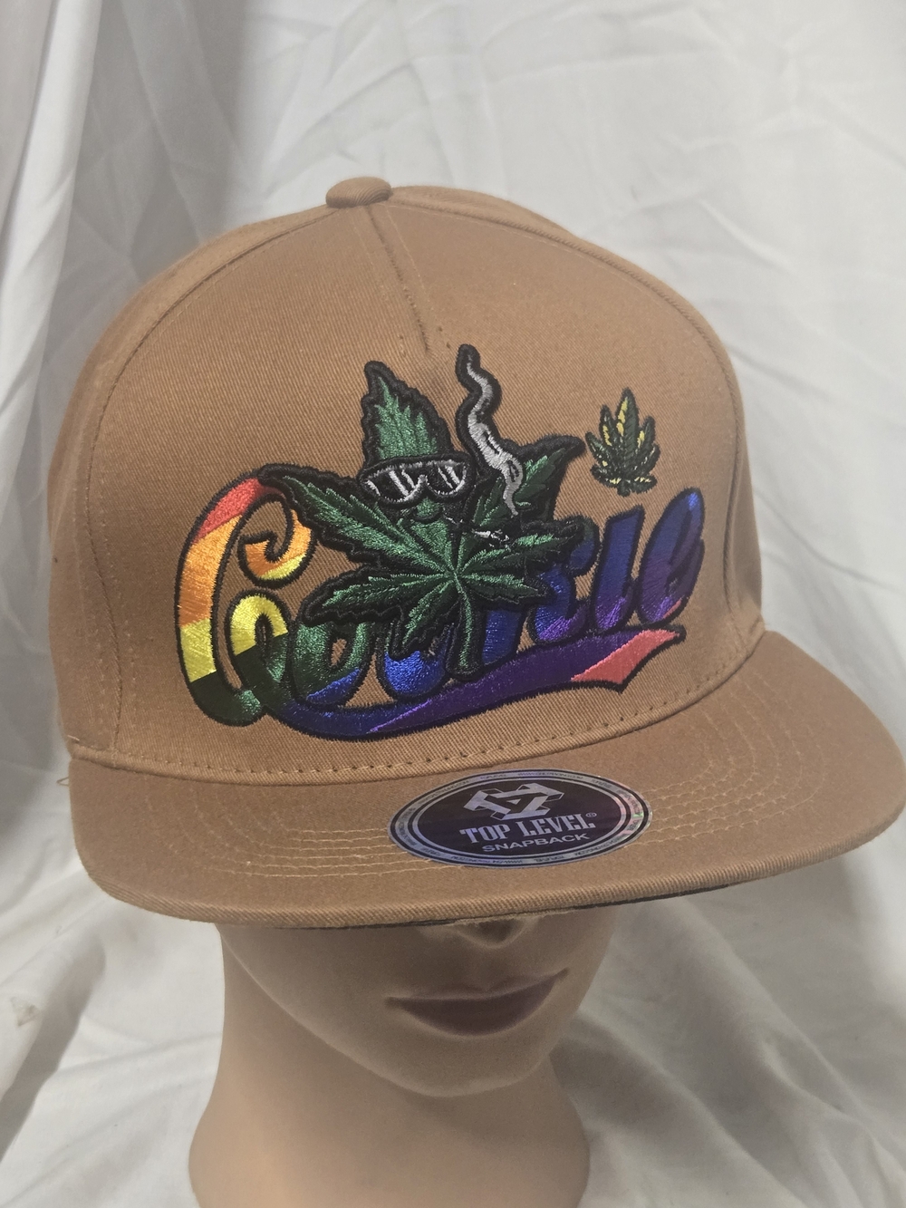 Brown Snapback Hat with Colorful Cannabis Embroidery
